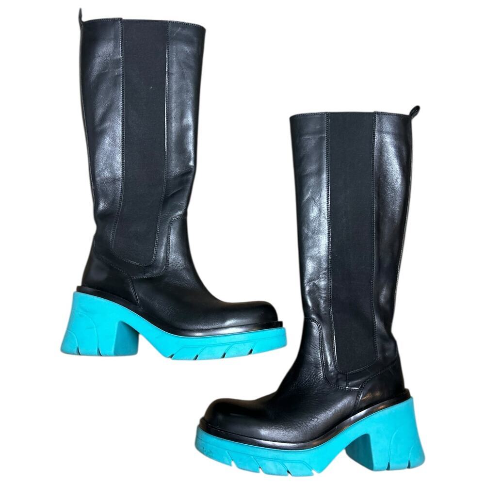 Steve Madden Dacy Tall Leather Boots Blue Black Chunky Platform size 9 Shoes